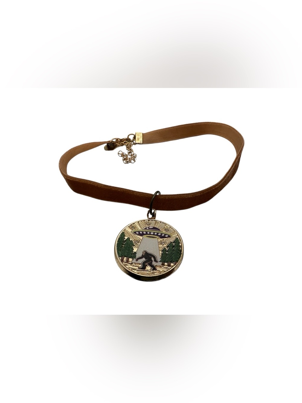 Brown Velvet Choker Necklace with Gold-tone UFO & Bigfoot Pendant